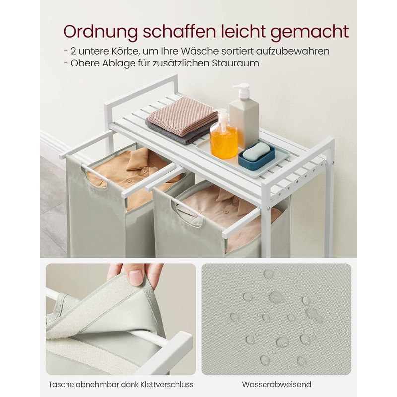 Market - Spalare si intretinere rufe - Uscatoare de rufe si accesorii - Cos de rufe, 2 compartimente, saci de rufe detasabili, raft, cadru metalic, 2x46L, 73x33x72 cm, alb - Infinity.ro