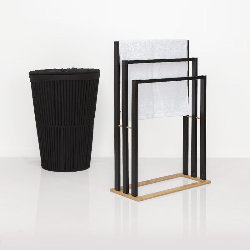 Casa si Gradina - Sanitare - Suporturi si accesorii baie - Accesorii baie - Suport prosoape 5Five Natureo cu 3 brate, 55x24x82 cm, MDF si bambus, negru - Infinity.ro