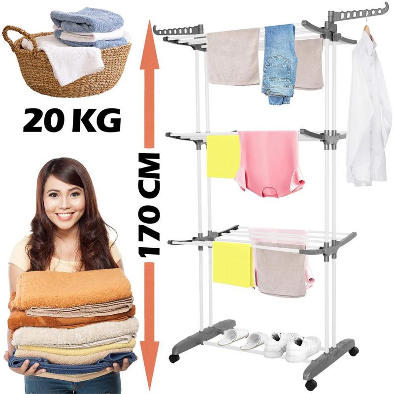 Market - Spalare si intretinere rufe - Uscatoare de rufe si accesorii - Uscator vertical pentru rufe, mobil si pliabil, cu doua umerase, 75x57x170cm, sarcina 20kg - Infinity.ro