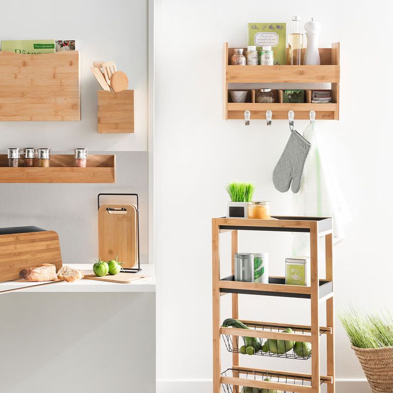 Casa si Gradina - Bucatarie si vesela - Ustensile bucatarie - Tavi servire - Carucior 5Five Blackwood cu 3 niveluri, bambus si MDF, 41x22x83 cm, natur si negru - Infinity.ro