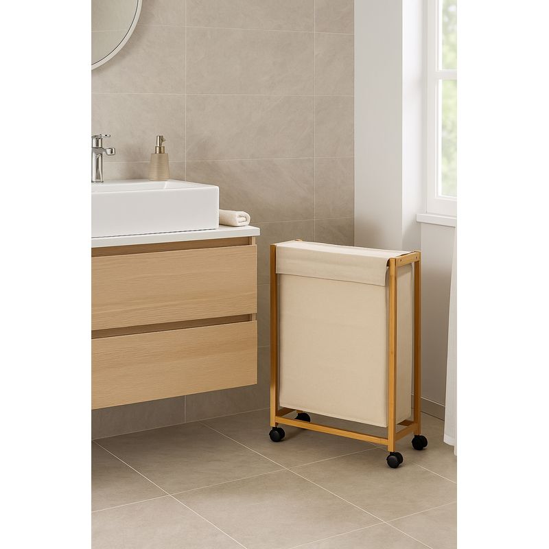Market - Spalare si intretinere rufe - Uscatoare de rufe si accesorii - Cos rufe 5Five Bambou pe roti, cadru bambus, 52 litri, 55x28x80 cm, bej - Infinity.ro