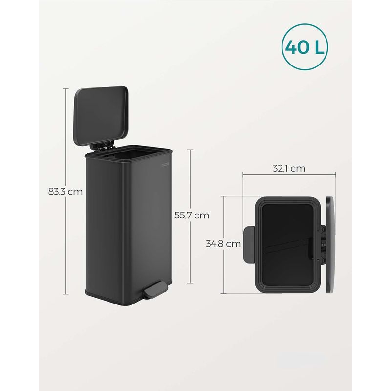 Casa si Gradina - Mobilier - Organizare si depozitare - Cosuri de gunoi - Cos de gunoi din otel, cu pedala si soft-close, saci gunoi inclusi, 40 litri, negru - Infinity.ro