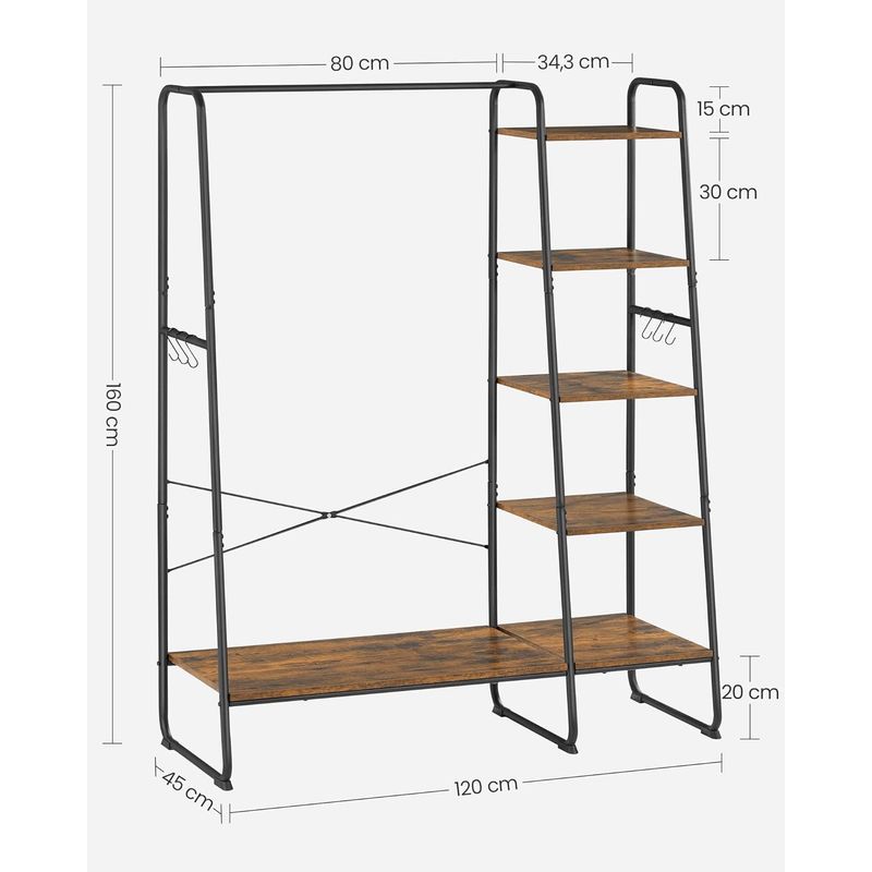 Casa si Gradina - Mobilier - Organizare si depozitare - Cuiere - Raft pentru haine cu suport pentru pantofi, 5 polite, 6 carlige laterale, 45x120x160cm, maro rustic si negru - Infinity.ro