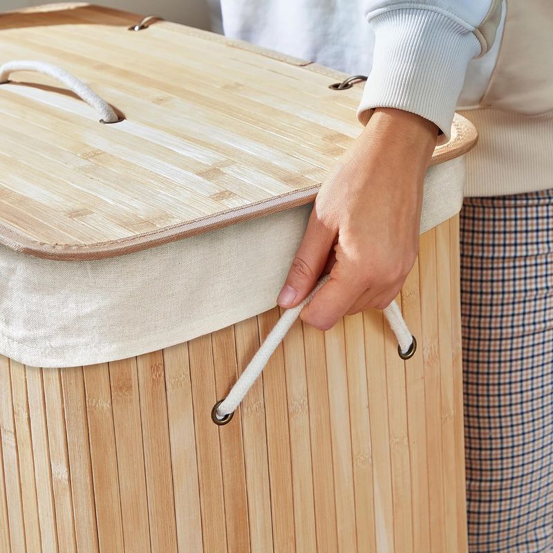 Market - Spalare si intretinere rufe - Uscatoare de rufe si accesorii - Cos de rufe din bambus, pliabil, cu captuseala detasabila lavabila, 72L, 40x30x60cm, natural - Infinity.ro