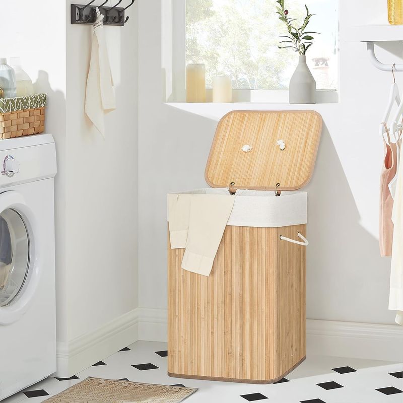 Market - Spalare si intretinere rufe - Uscatoare de rufe si accesorii - Cos de rufe din bambus, pliabil, cu captuseala detasabila lavabila, 72L, 40x30x60cm, natural - Infinity.ro