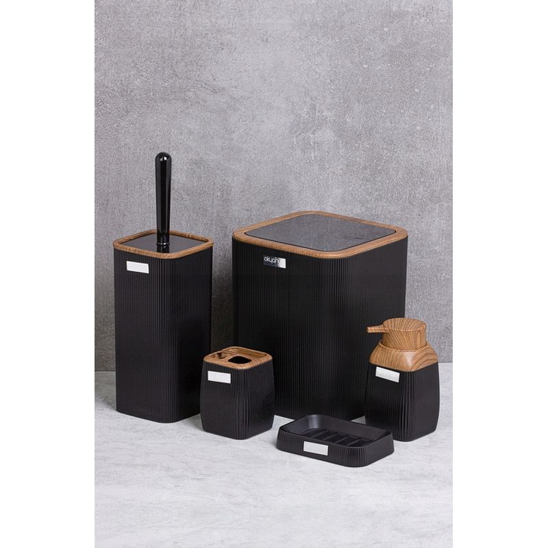 Casa si Gradina - Sanitare - Suporturi si accesorii baie - Accesorii baie - Set de accesorii patrate pentru baie din plastic, 5 piese, negru maro - Infinity.ro