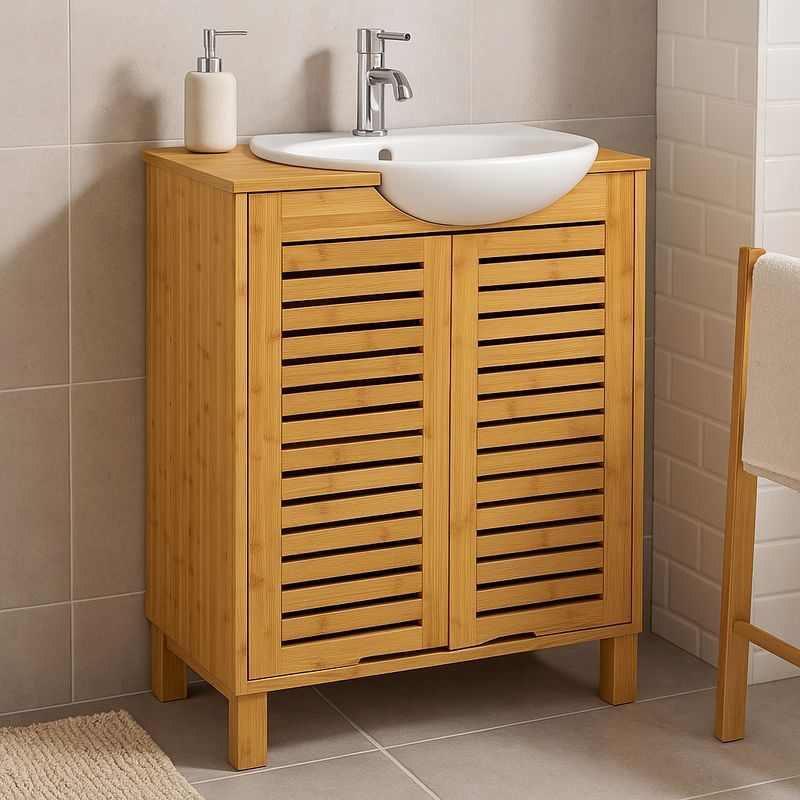 Casa si Gradina - Sanitare - Suporturi si accesorii baie - Accesorii baie - Dulap baie 5Five Sicela pentru lavoar, cu usi si rafturi, bambus si MDF, 60x28x80 cm, natur - Infinity.ro