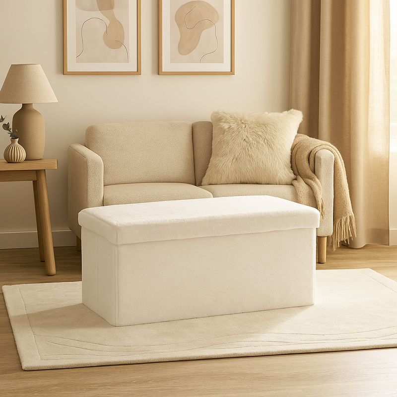 Casa si Gradina - Mobilier - Scaune si fotolii - Fotolii - Taburet pliabil Atmosphera Ezzio cu depozitare, 76x38x38 cm, blana artificiala, alb - Infinity.ro