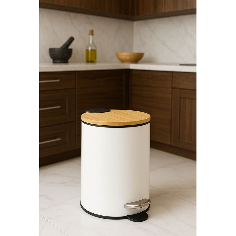 Casa si Gradina - Mobilier - Organizare si depozitare - Cosuri de gunoi - Cos gunoi 5Five Modern Color cu capac bambus si sistem soft-close, otel, polipropilena si bambus, 3L, 22x17x23 cm, alb - Infinity.ro