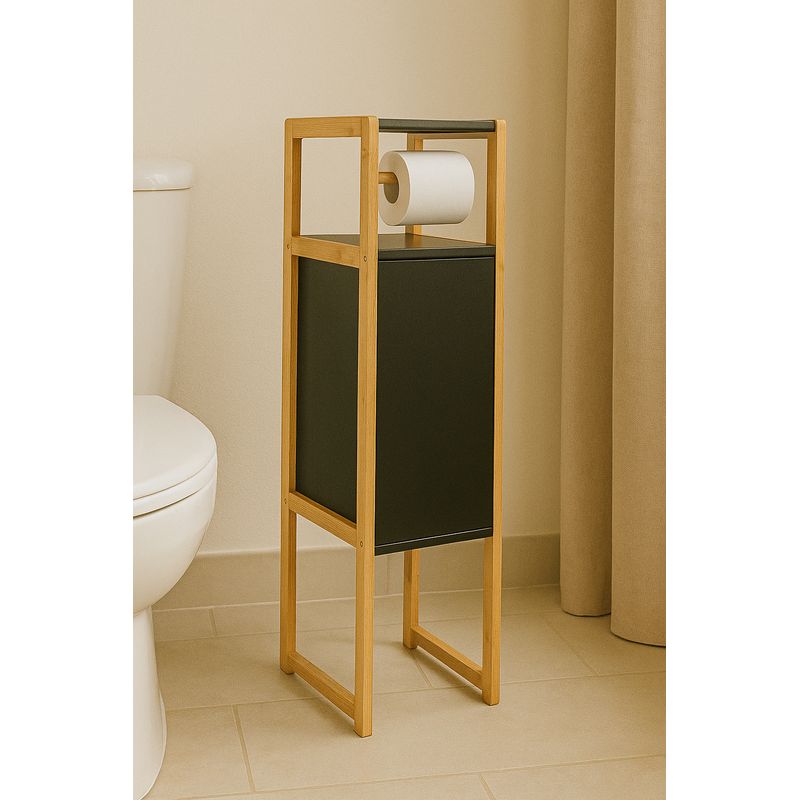 Casa si Gradina - Sanitare - Suporturi si accesorii baie - Accesorii baie - Suport hartie igienica 5Five Natureo cu dulapior, MDF, 33x20x80 cm, negru - Infinity.ro