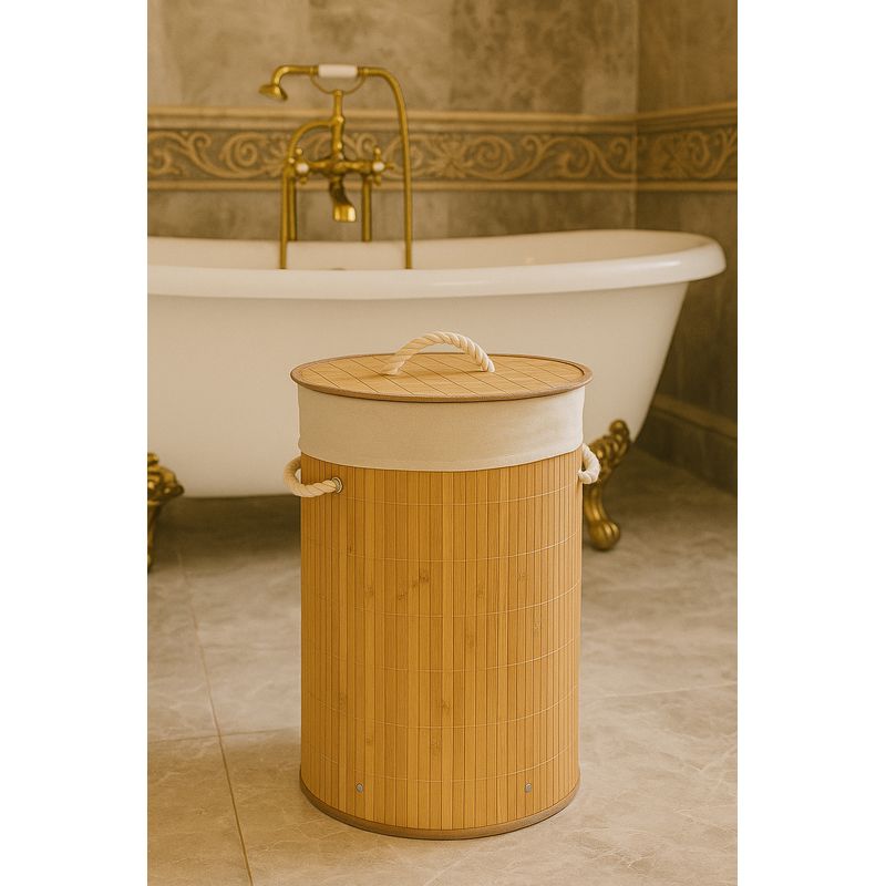 Market - Spalare si intretinere rufe - Uscatoare de rufe si accesorii - Cos rufe rotund 5Five Bambou cu capac, bambus, 48 litri, 35x50 cm, natur - Infinity.ro