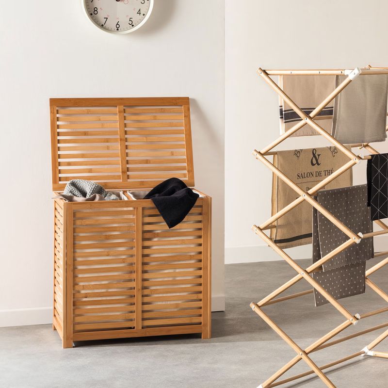 Market - Spalare si intretinere rufe - Uscatoare de rufe si accesorii - Cos rufe 5Five Sicela din bambus, 2 compartimente, capacitate 100L, 58x40x60 cm, natur - Infinity.ro