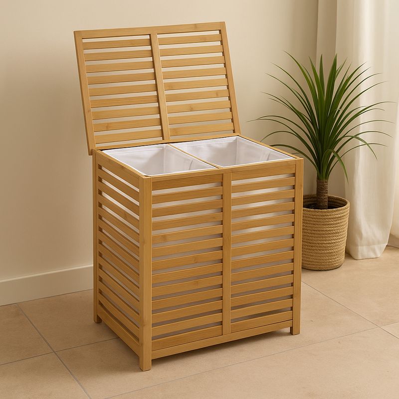 Market - Spalare si intretinere rufe - Uscatoare de rufe si accesorii - Cos rufe 5Five Sicela din bambus, 2 compartimente, capacitate 100L, 58x40x60 cm, natur - Infinity.ro