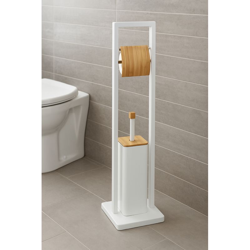 Casa si Gradina - Sanitare - Suporturi si accesorii baie - Accesorii baie - Suport WC cu perie 5Five Natureo, cu suport hartie igienica, metal si bambus, 20x20x80 cm, alb - Infinity.ro