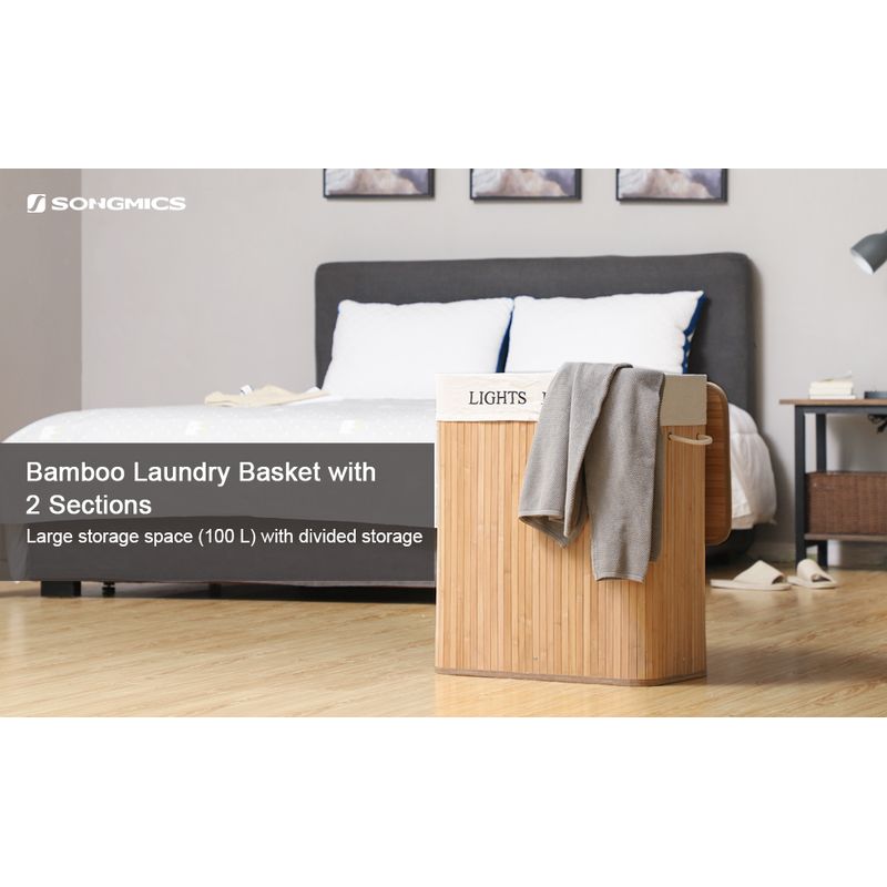 Market - Spalare si intretinere rufe - Uscatoare de rufe si accesorii - Cos de rufe din bambus cu capac, 2 compartimente, sac detasabil, volum 100L, 52x32x62cm, maro - Infinity.ro