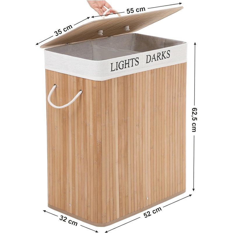 Market - Spalare si intretinere rufe - Uscatoare de rufe si accesorii - Cos de rufe din bambus cu capac, 2 compartimente, sac detasabil, volum 100L, 52x32x62cm, maro - Infinity.ro