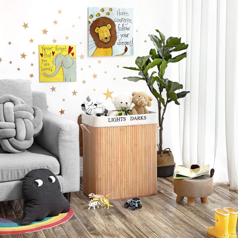 Market - Spalare si intretinere rufe - Uscatoare de rufe si accesorii - Cos de rufe din bambus cu capac, 2 compartimente, sac detasabil, volum 100L, 52x32x62cm, maro - Infinity.ro