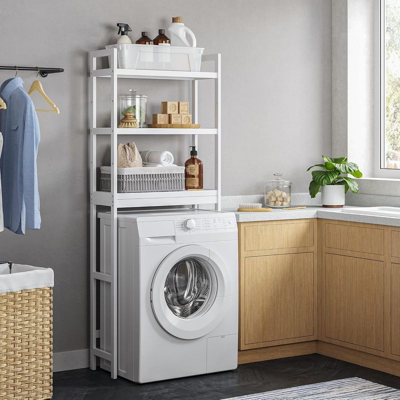 Casa si Gradina - Mobilier - Mobilier baie - Corpuri baie - Raft de depozitare pentru baie, suprapunere peste masina spalat sau vas WC, din bambus, rafturi reglabile, 26x63x163 cm - Infinity.ro