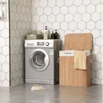 Market - Spalare si intretinere rufe - Uscatoare de rufe si accesorii - Cos de rufe din bambus cu capac, 2 compartimente, sac detasabil, volum 100L, 52x32x62cm, maro - Infinity.ro