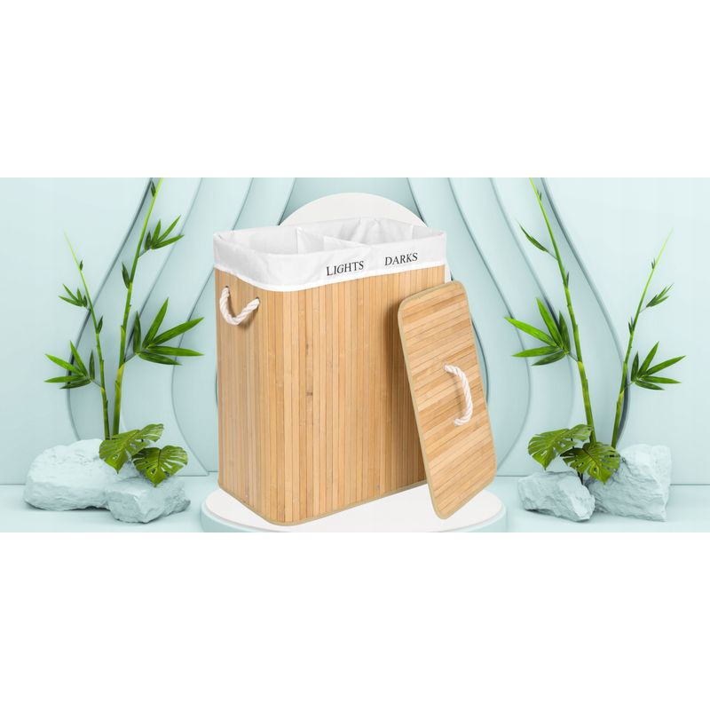 Market - Spalare si intretinere rufe - Uscatoare de rufe si accesorii - Cos de rufe din bambus cu capac, 2 compartimente, sac detasabil, volum 100L, 52x32x62cm, maro - Infinity.ro