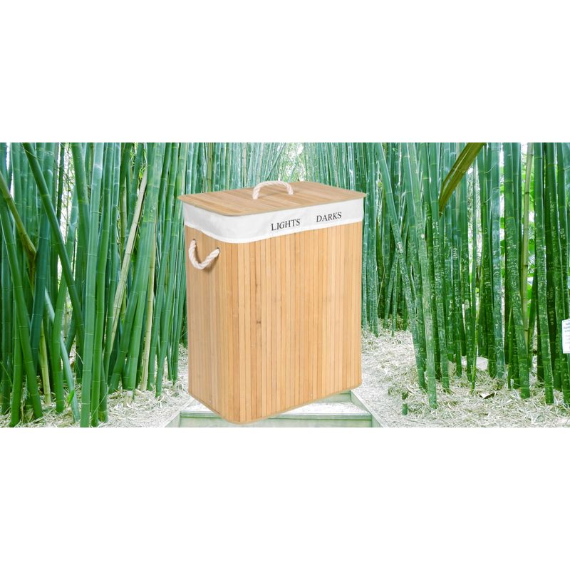 Market - Spalare si intretinere rufe - Uscatoare de rufe si accesorii - Cos de rufe din bambus cu capac, 2 compartimente, sac detasabil, volum 100L, 52x32x62cm, maro - Infinity.ro