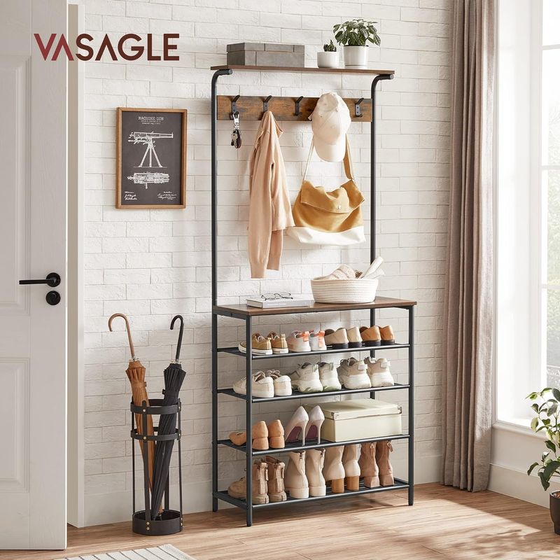 Casa si Gradina - Mobilier - Organizare si depozitare - Cuiere - Cuier de hol cu depozitare pentru pantofi, 5 niveluri, 5 carlige duble, raft, 80x31x183cm, industrial, maro rustic - Infinity.ro