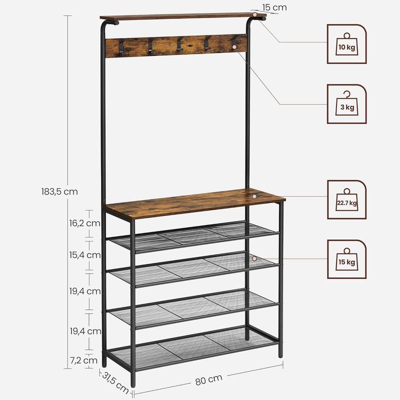 Casa si Gradina - Mobilier - Organizare si depozitare - Cuiere - Cuier de hol cu depozitare pentru pantofi, 5 niveluri, 5 carlige duble, raft, 80x31x183cm, industrial, maro rustic - Infinity.ro