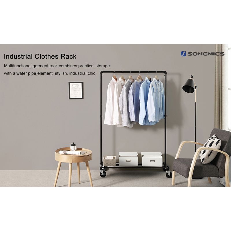 Casa si Gradina - Mobilier - Organizare si depozitare - Cuiere - Suport pentru haine, cu raft si sina de agatat, cadru metalic, cu roti, 100x49x163cm, industrial, negru - Infinity.ro