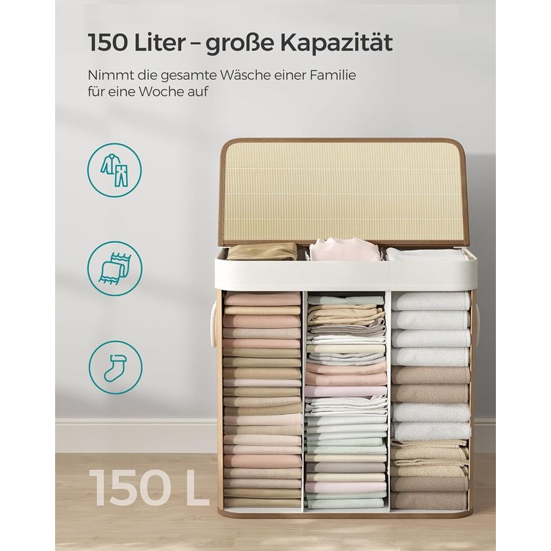 Market - Spalare si intretinere rufe - Uscatoare de rufe si accesorii - Cos de rufe din bambus, pliabil, cu captuseala detasabila lavabila, 3 compartimente, 150L, 60x40x60cm, natural - Infinity.ro