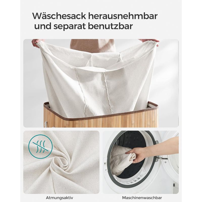 Market - Spalare si intretinere rufe - Uscatoare de rufe si accesorii - Cos de rufe din bambus, pliabil, cu captuseala detasabila lavabila, 3 compartimente, 150L, 60x40x60cm, natural - Infinity.ro