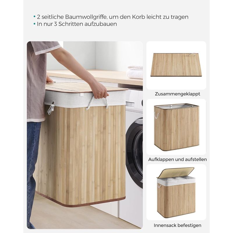 Market - Spalare si intretinere rufe - Uscatoare de rufe si accesorii - Cos de rufe din bambus, pliabil, cu captuseala detasabila lavabila, 3 compartimente, 150L, 60x40x60cm, natural - Infinity.ro