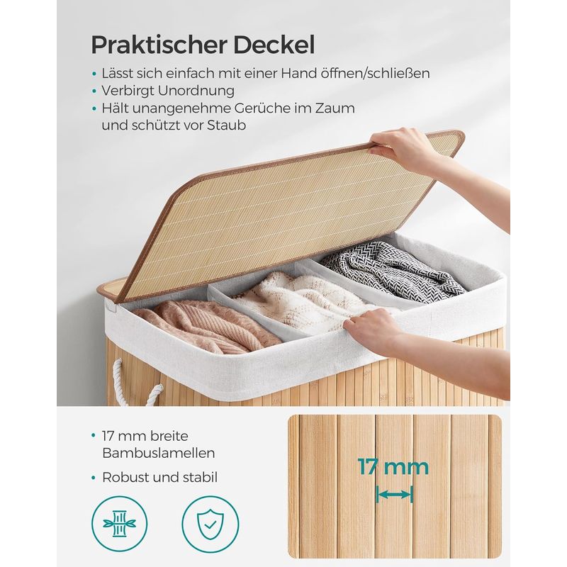 Market - Spalare si intretinere rufe - Uscatoare de rufe si accesorii - Cos de rufe din bambus, pliabil, cu captuseala detasabila lavabila, 3 compartimente, 150L, 60x40x60cm, natural - Infinity.ro