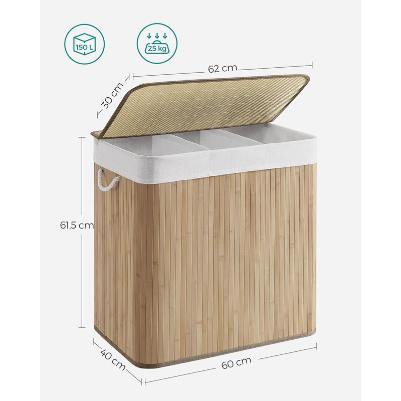Market - Spalare si intretinere rufe - Uscatoare de rufe si accesorii - Cos de rufe din bambus, pliabil, cu captuseala detasabila lavabila, 3 compartimente, 150L, 60x40x60cm, natural - Infinity.ro