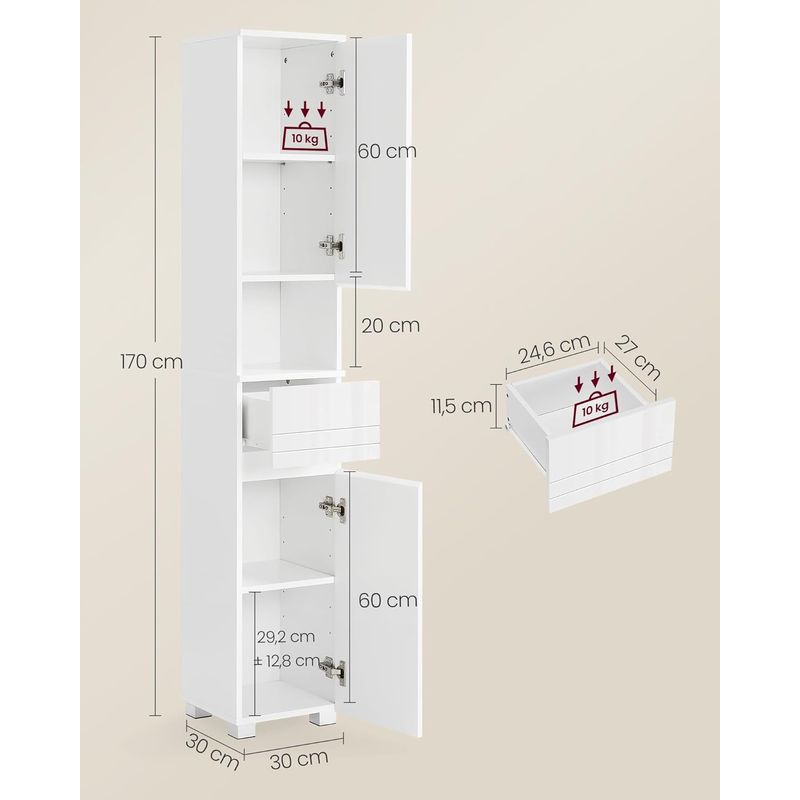 Casa si Gradina - Mobilier - Mobilier baie - Corpuri baie - Dulap de baie tip coloana, din MDF, cu sertar si 2 usi, 30x30x170cm, alb - Infinity.ro