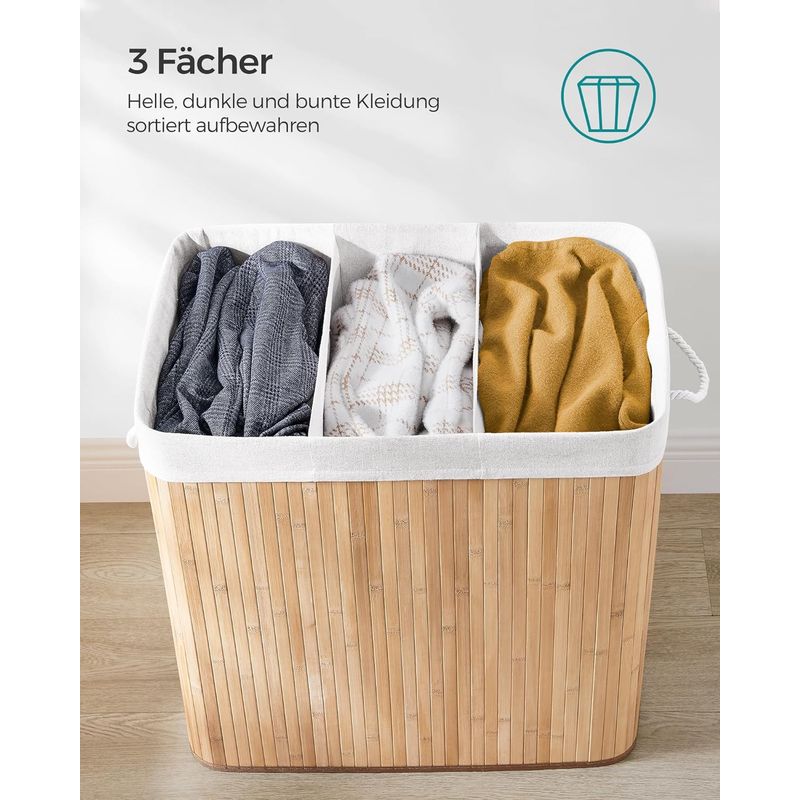 Market - Spalare si intretinere rufe - Uscatoare de rufe si accesorii - Cos de rufe din bambus, pliabil, cu captuseala detasabila lavabila, 3 compartimente, 150L, 60x40x60cm, natural - Infinity.ro