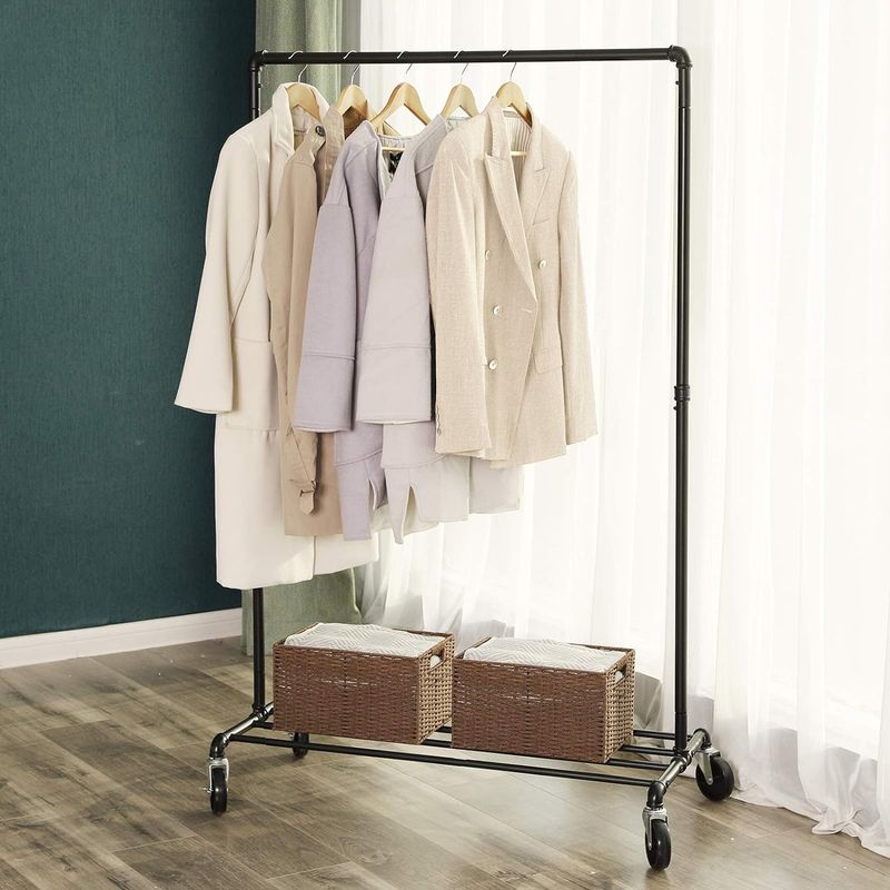 Casa si Gradina - Mobilier - Organizare si depozitare - Cuiere - Suport pentru haine, cu raft si sina de agatat, cadru metalic, cu roti, 100x49x163cm, industrial, negru - Infinity.ro