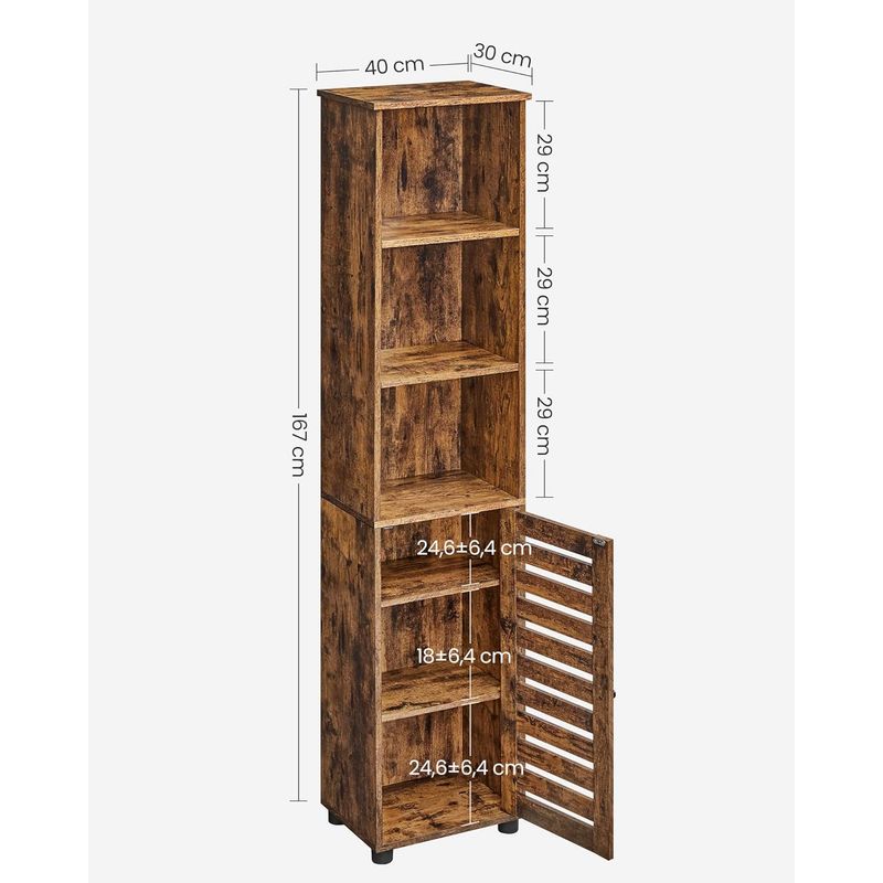 Casa si Gradina - Mobilier - Mobilier baie - Corpuri baie - Dulap de baie, cu 3 compartimente deschise si spatiu de depozitare cu usa, 40x30x167cm, maro vintage - Infinity.ro