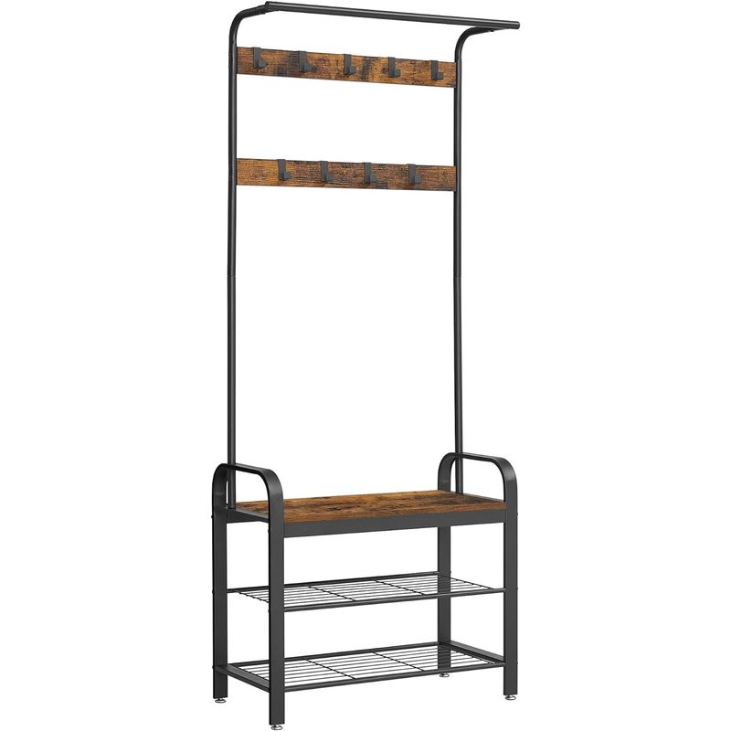 Casa si Gradina - Mobilier - Organizare si depozitare - Cuiere - Cuier pentru haine, cu banc depozitare pantofi, 9 carlige detasabile, sina pentru haine, 34x77x183cm, industrial - Infinity.ro