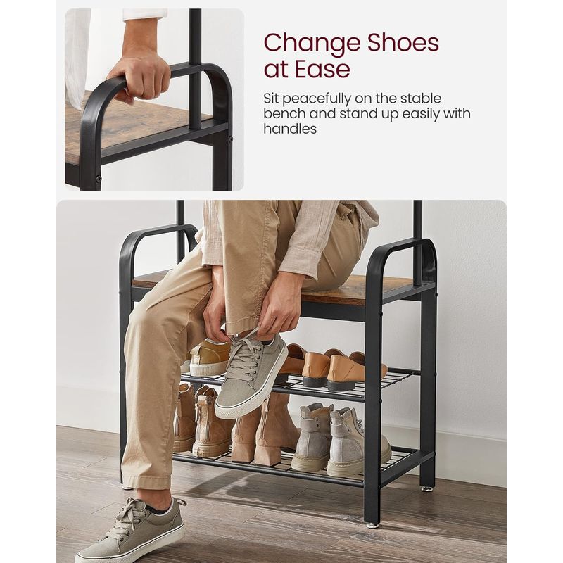 Casa si Gradina - Mobilier - Organizare si depozitare - Cuiere - Cuier pentru haine, cu banc depozitare pantofi, 9 carlige detasabile, sina pentru haine, 34x77x183cm, industrial - Infinity.ro