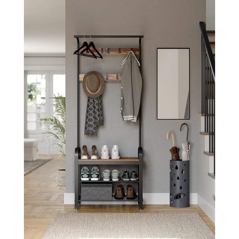 Casa si Gradina - Mobilier - Organizare si depozitare - Cuiere - Cuier pentru haine, cu banc depozitare pantofi, 9 carlige detasabile, sina pentru haine, 34x77x183cm, industrial - Infinity.ro