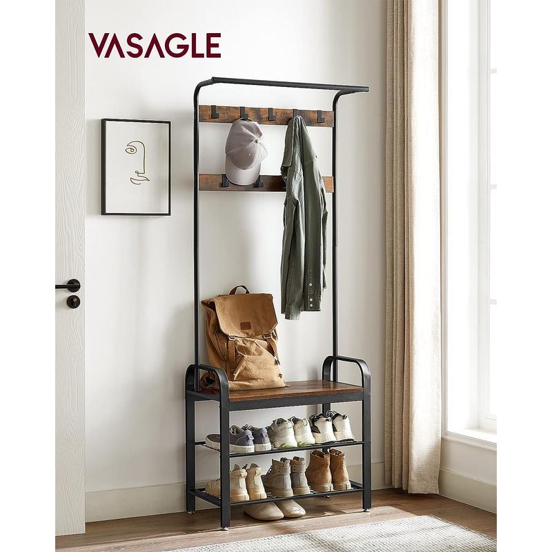 Casa si Gradina - Mobilier - Organizare si depozitare - Cuiere - Cuier pentru haine, cu banc depozitare pantofi, 9 carlige detasabile, sina pentru haine, 34x77x183cm, industrial - Infinity.ro