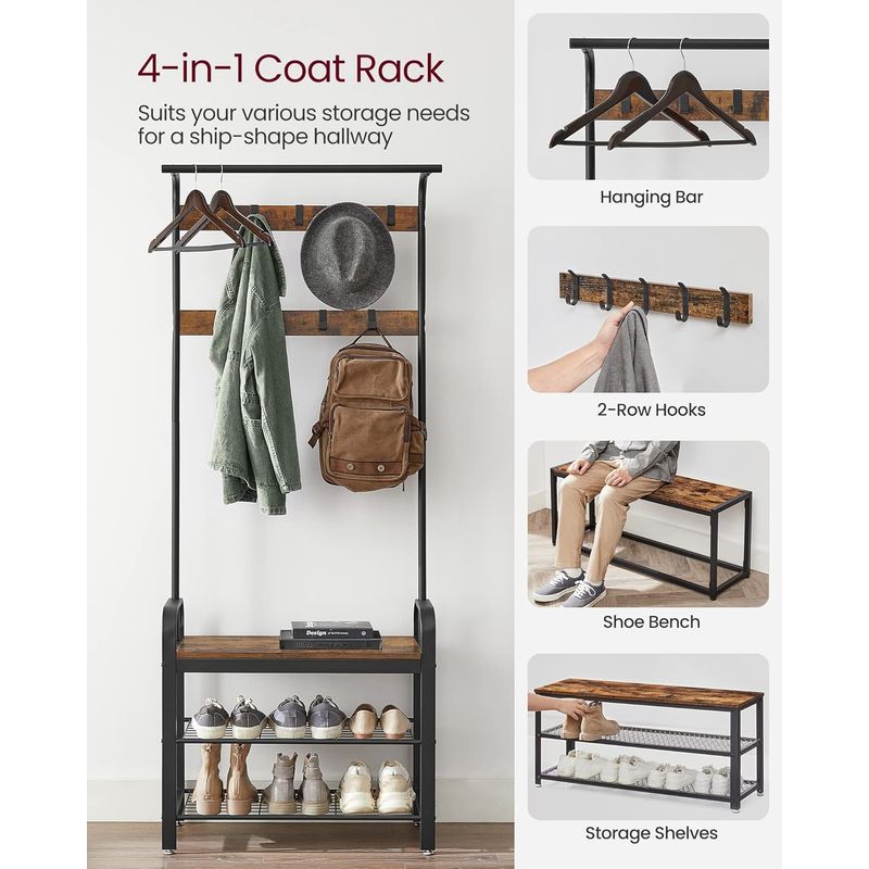 Casa si Gradina - Mobilier - Organizare si depozitare - Cuiere - Cuier pentru haine, cu banc depozitare pantofi, 9 carlige detasabile, sina pentru haine, 34x77x183cm, industrial - Infinity.ro
