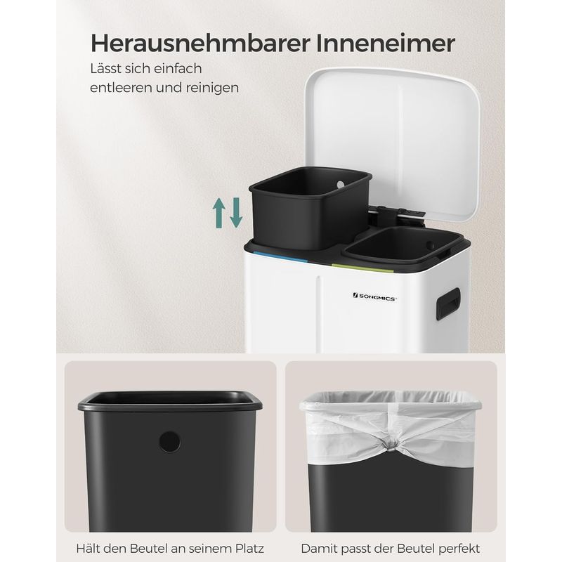Casa si Gradina - Mobilier - Organizare si depozitare - Cosuri de gunoi - Cos de gunoi din inox cu 2 galeti interioare, colectare selectiva, 2x20 litri, alb - Infinity.ro