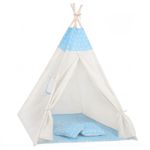 Petshop - Accesorii petshop - Jucarii animale - Jucarii educative - Cort copii Sersimo stil indian Teepee Tent cu fereastra, covoras gros si 2 perne, alb albastru - Infinity.ro