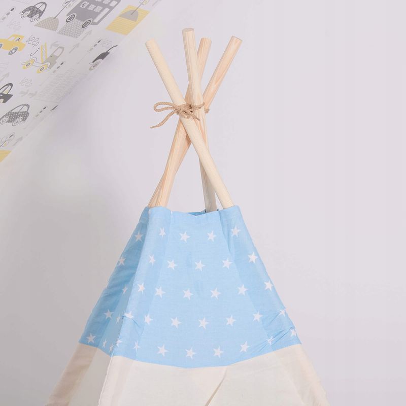 Petshop - Accesorii petshop - Jucarii animale - Jucarii educative - Cort copii Sersimo stil indian Teepee Tent cu fereastra, covoras gros si 2 perne, alb albastru - Infinity.ro