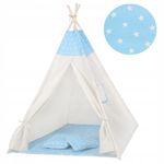 Petshop - Accesorii petshop - Jucarii animale - Jucarii educative - Cort copii Sersimo stil indian Teepee Tent cu fereastra, covoras gros si 2 perne, alb albastru - Infinity.ro