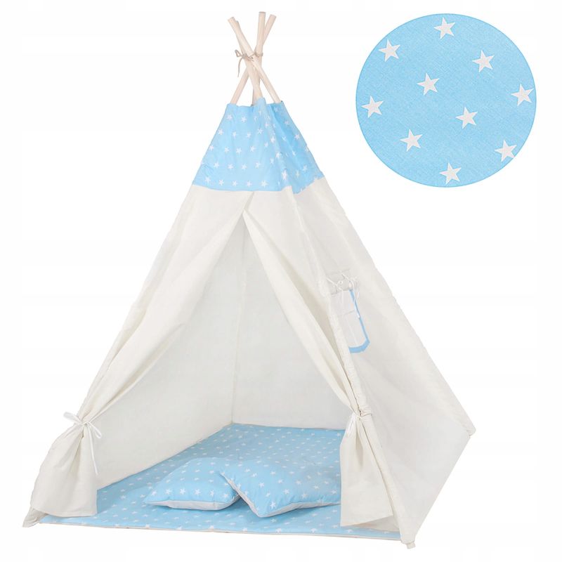 Petshop - Accesorii petshop - Jucarii animale - Jucarii educative - Cort copii Sersimo stil indian Teepee Tent cu fereastra, covoras gros si 2 perne, alb albastru - Infinity.ro