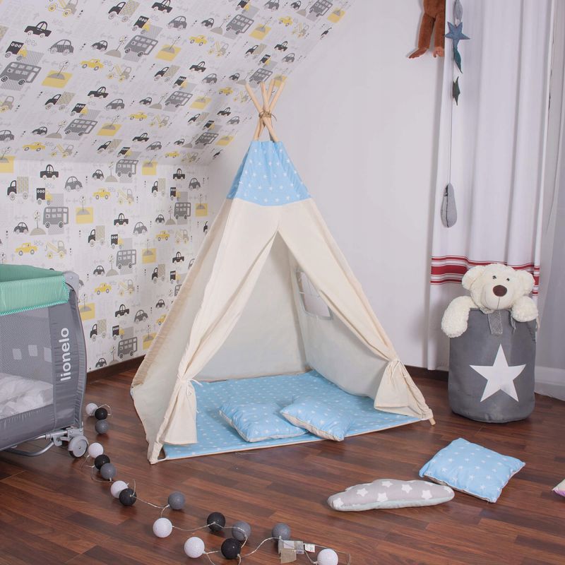 Petshop - Accesorii petshop - Jucarii animale - Jucarii educative - Cort copii Sersimo stil indian Teepee Tent cu fereastra, covoras gros si 2 perne, alb albastru - Infinity.ro