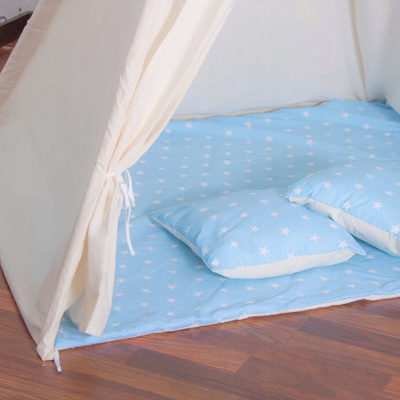 Petshop - Accesorii petshop - Jucarii animale - Jucarii educative - Cort copii Sersimo stil indian Teepee Tent cu fereastra, covoras gros si 2 perne, alb albastru - Infinity.ro