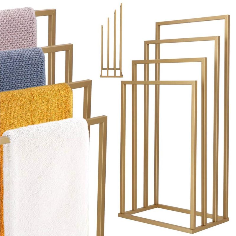 Casa si Gradina - Sanitare - Suporturi si accesorii baie - Accesorii baie - Suport metalic de baie pentru prosoape, cu 4 standuri, 96 cm, auriu mat - Infinity.ro